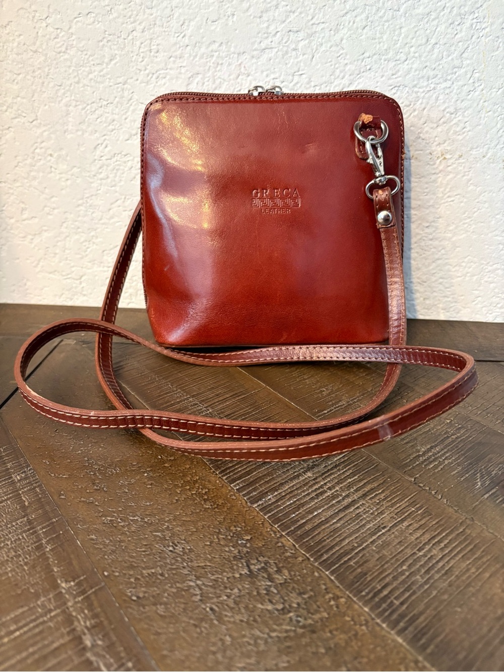 Greca Leather Vintage Italian Style Crossbody Bag Cognac Brown Double Zip